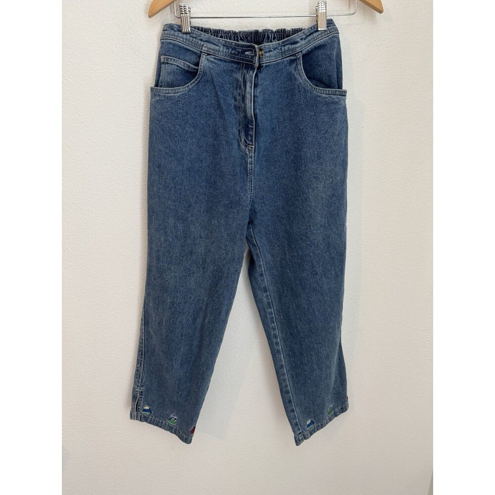 Quacker Factory Jeans Embroidered Vintage Womens M Elastic Waist Crabs Summer